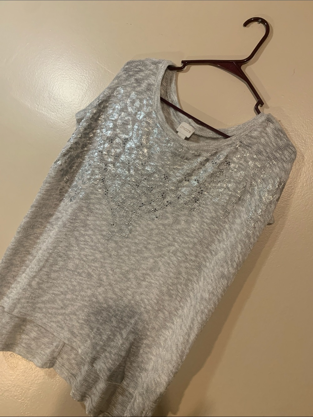 Chico's Silver Metallic shirt short sleeve shimmer